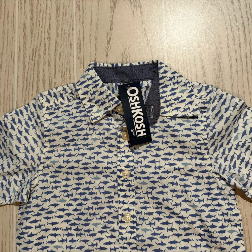 OshKosh Toddler Boy Shark Shirt Size 2T Button‎ Up Blue NEW